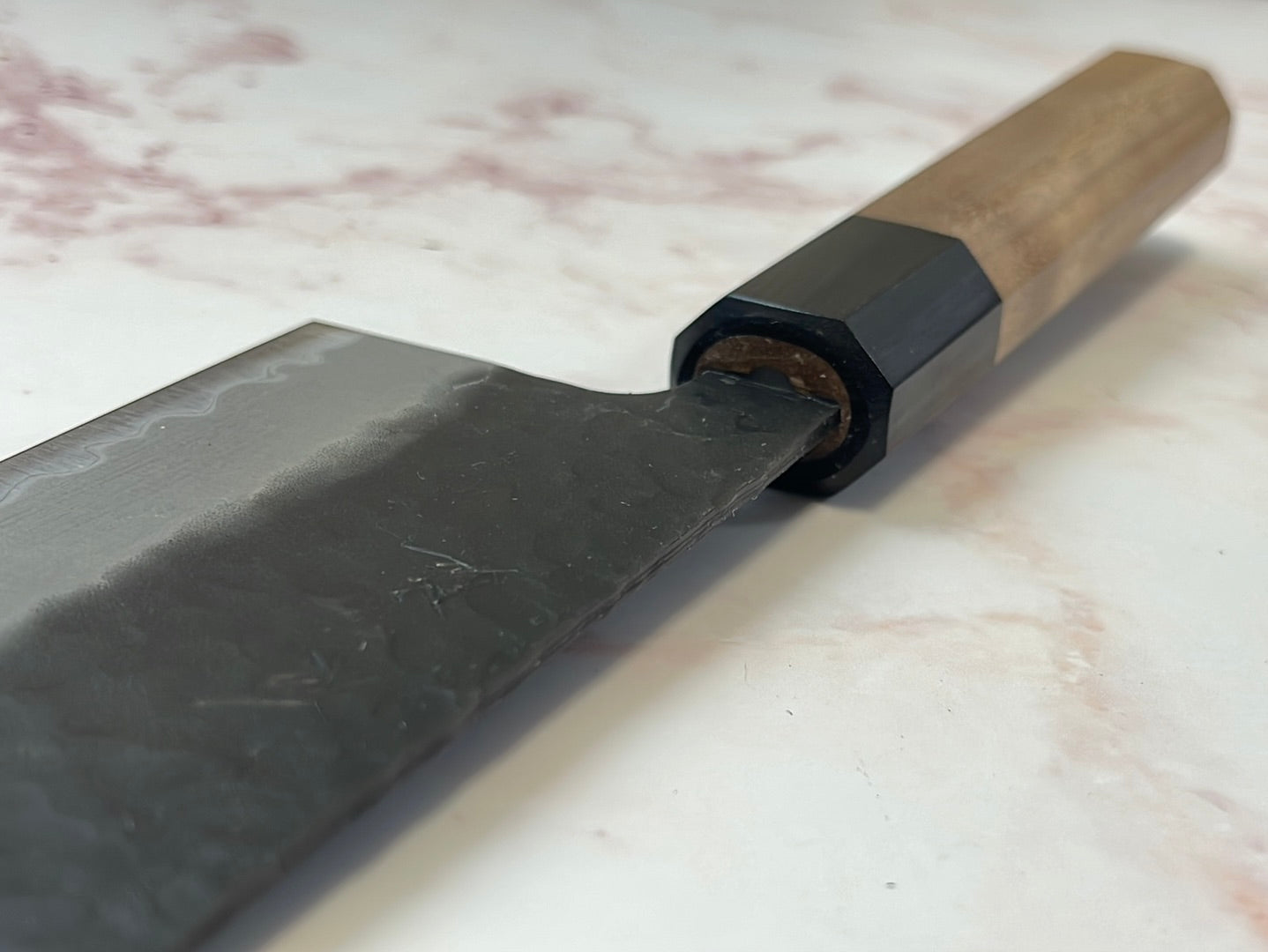 Yoshimune Nakiri 165mm (6.5in) Stainless clad Aogami(Blue) Super Black Hammered Finish Double-Bevel Walnut Octagonal Handle