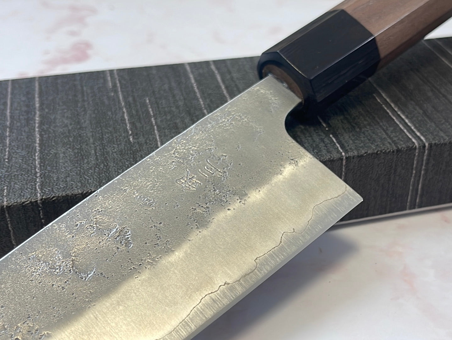 Yoshimune Santoku 165 mm (6.5 in) Ginsan (Silver #3) Nashiji finish Double-Bevel Walnut Octagonal Handle