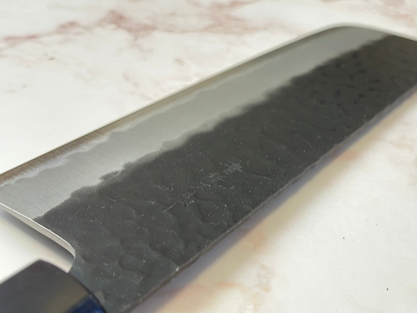 Yoshimune Nakiri 165mm (6.5in) Stainless clad Aogami(Blue) Super Black Hammered Finish Double-Bevel Walnut Octagonal Handle
