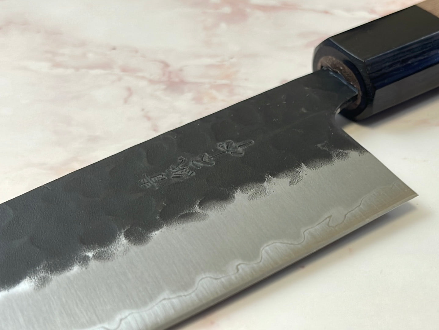 Yoshimune Santoku 165mm (6.5in) Stainless clad Aogami(Blue) Super Black Hammered Finish Double-Bevel Walnut Octagonal Handle
