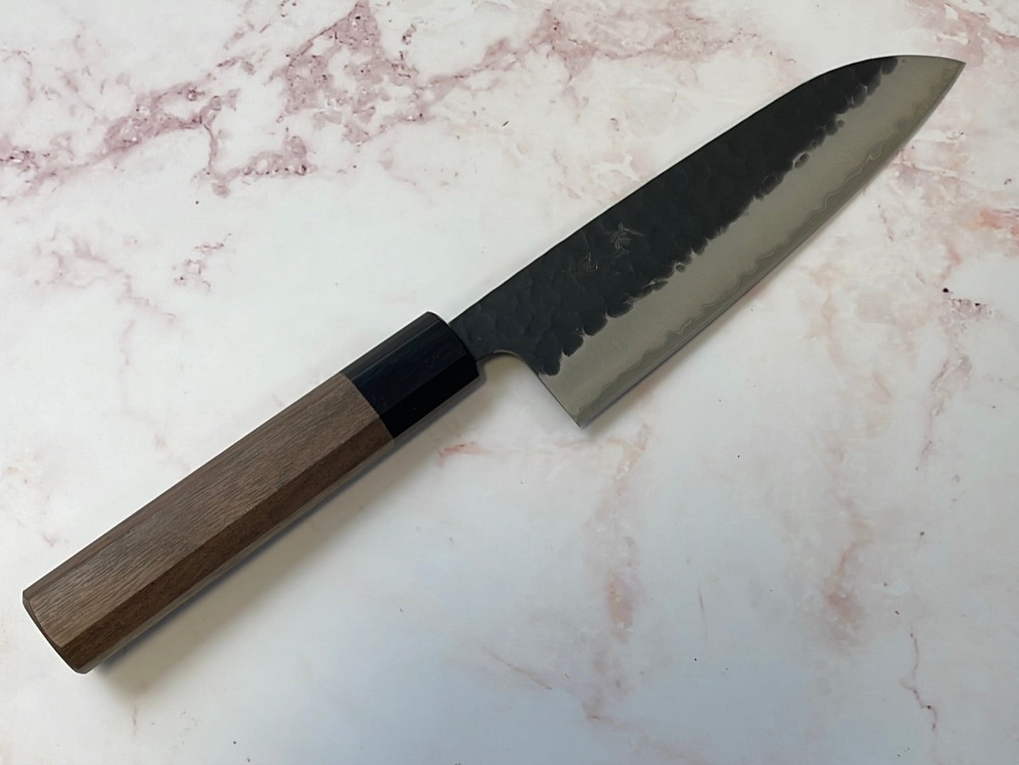 Yoshimune Santoku 165mm (6.5in) Stainless clad Aogami(Blue) Super Black Hammered Finish Double-Bevel Walnut Octagonal Handle