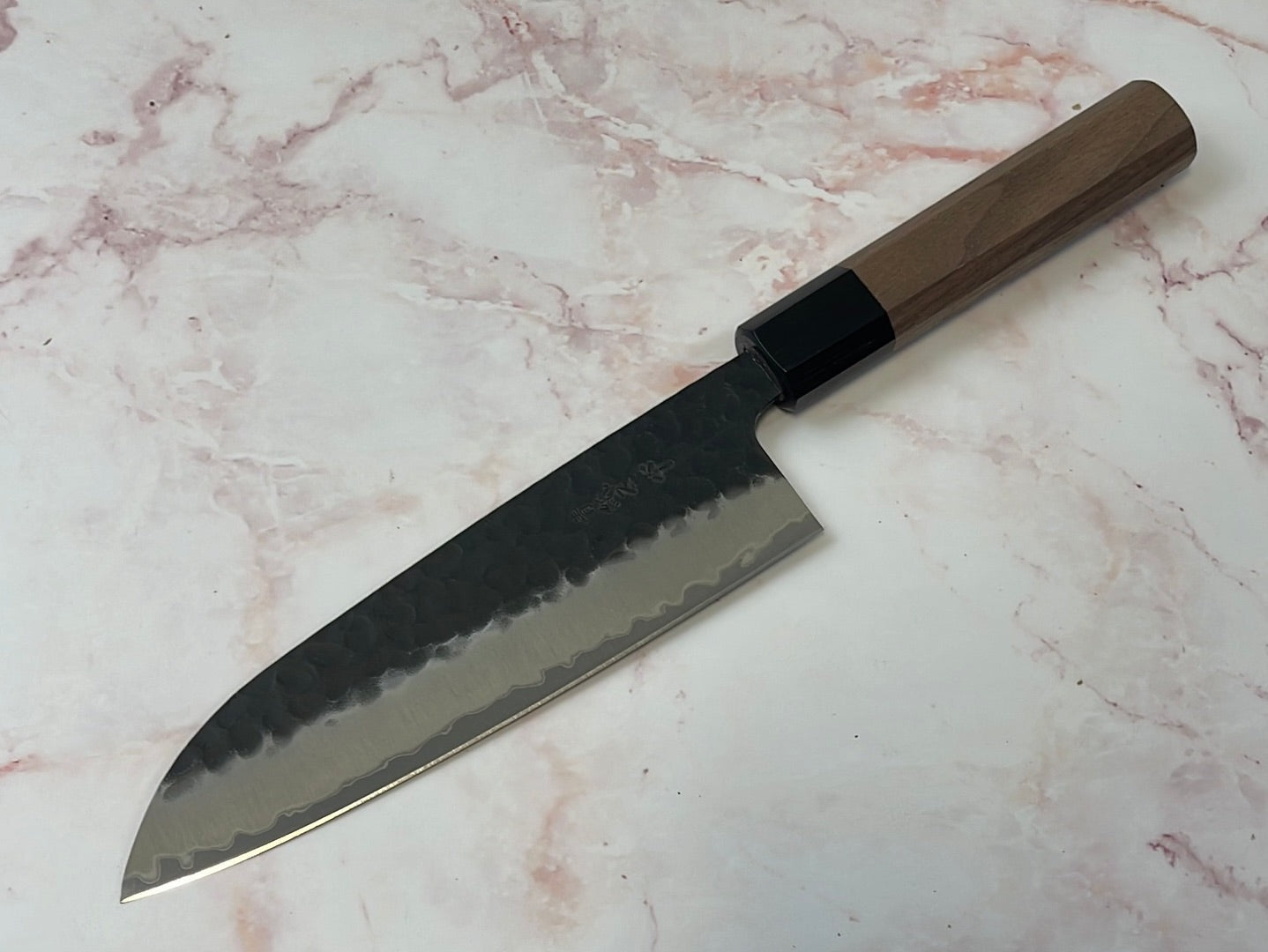 Yoshimune Santoku 165mm (6.5in) Stainless clad Aogami(Blue) Super Black Hammered Finish Double-Bevel Walnut Octagonal Handle