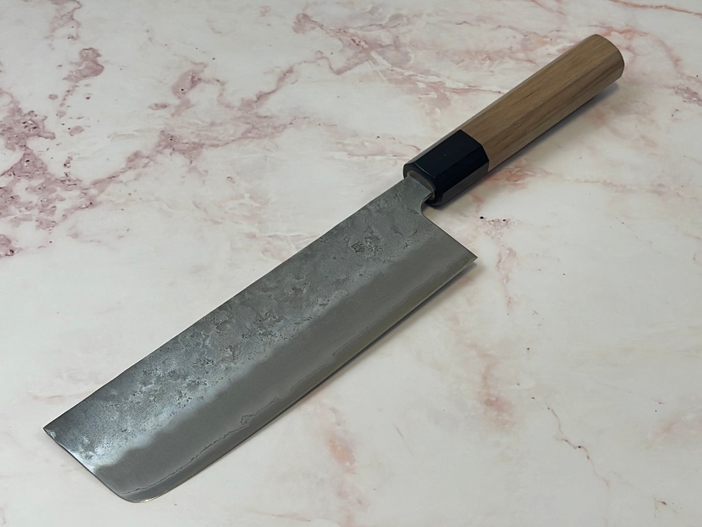 Yoshimune Nakiri 165 mm (6.5 in) Ginsan (Silver #3) Nashiji finish Double-Bevel Walnut Octagonal Handle