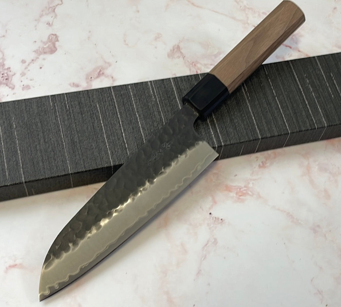 Yoshimune Santoku 165mm (6.5in) Stainless clad Aogami(Blue) Super Black Hammered Finish Double-Bevel Walnut Octagonal Handle