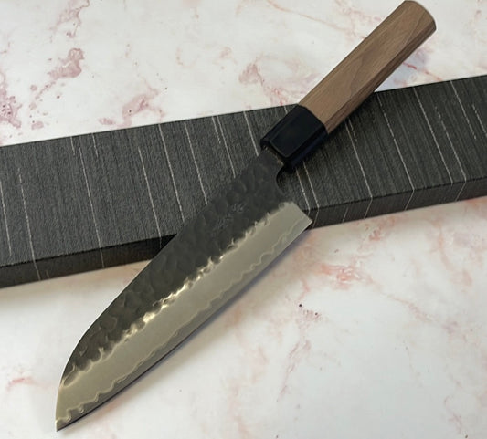 Yoshimune Santoku 165mm (6.5in) Stainless clad Aogami(Blue) Super Black Hammered Finish Double-Bevel Walnut Octagonal Handle