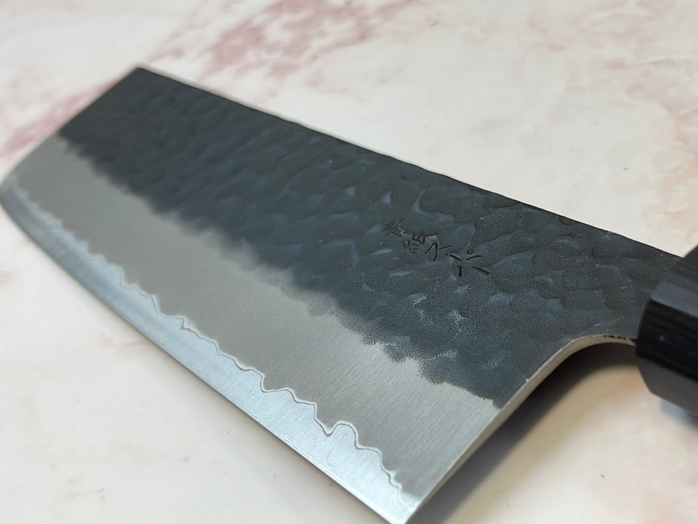 Yoshimune Nakiri 165mm (6.5in) Stainless clad Aogami(Blue) Super Black Hammered Finish Double-Bevel Walnut Octagonal Handle