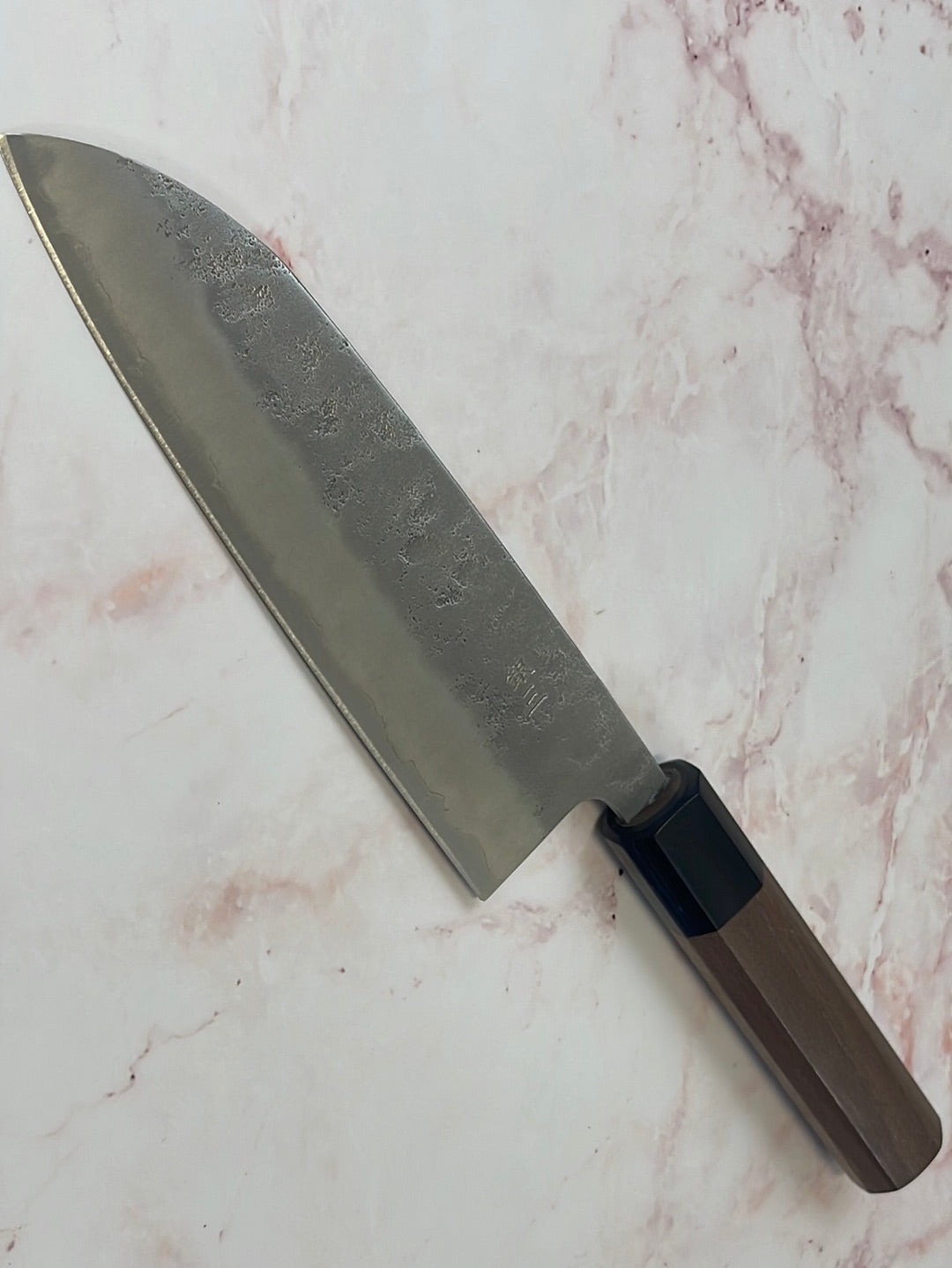 Yoshimune Santoku 165 mm (6.5 in) Ginsan (Silver #3) Nashiji finish Double-Bevel Walnut Octagonal Handle