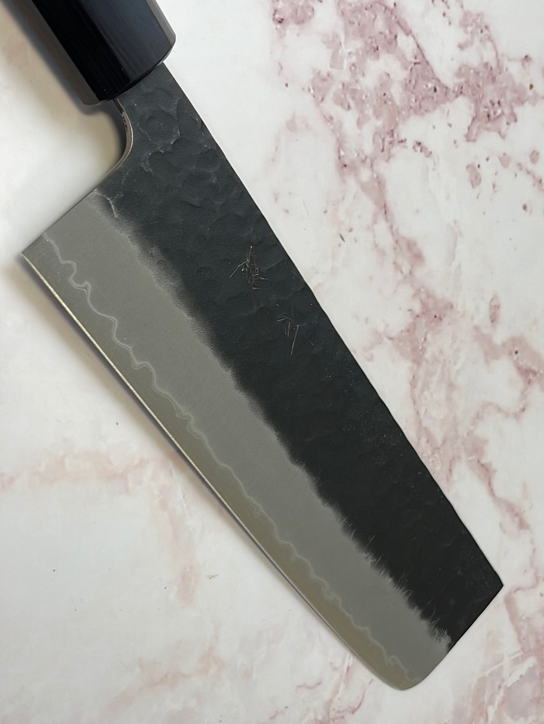 Yoshimune Nakiri 165mm (6.5in) Stainless clad Aogami(Blue) Super Black Hammered Finish Double-Bevel Walnut Octagonal Handle