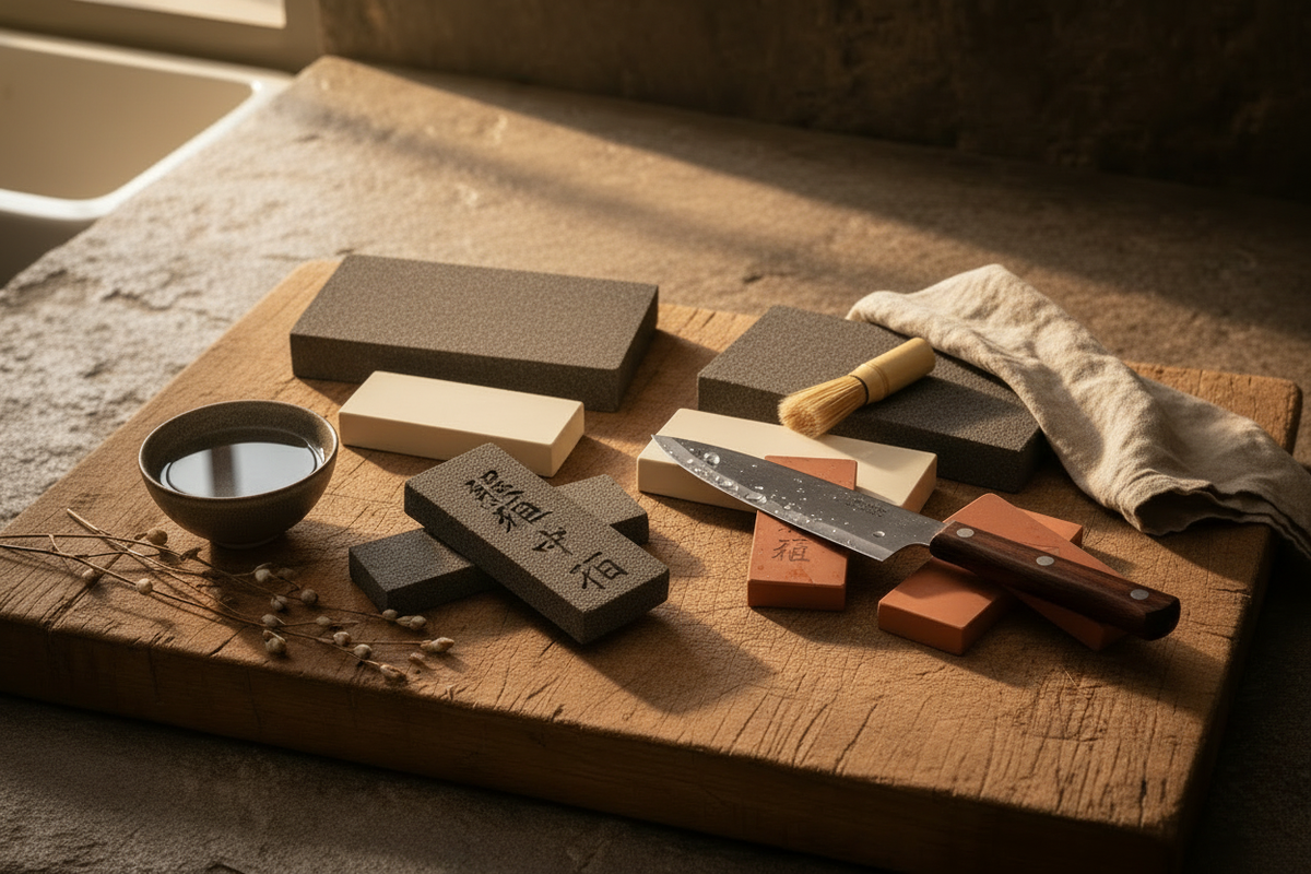 Japanese Whetstone Flat Lay with Kanji