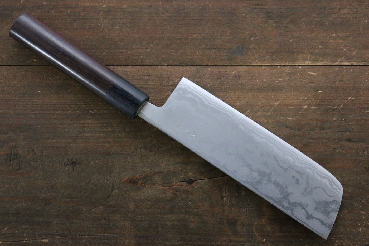 Kanetsune Blue Steel No.2 Damascus Nakiri 165mm - Shitan Handle