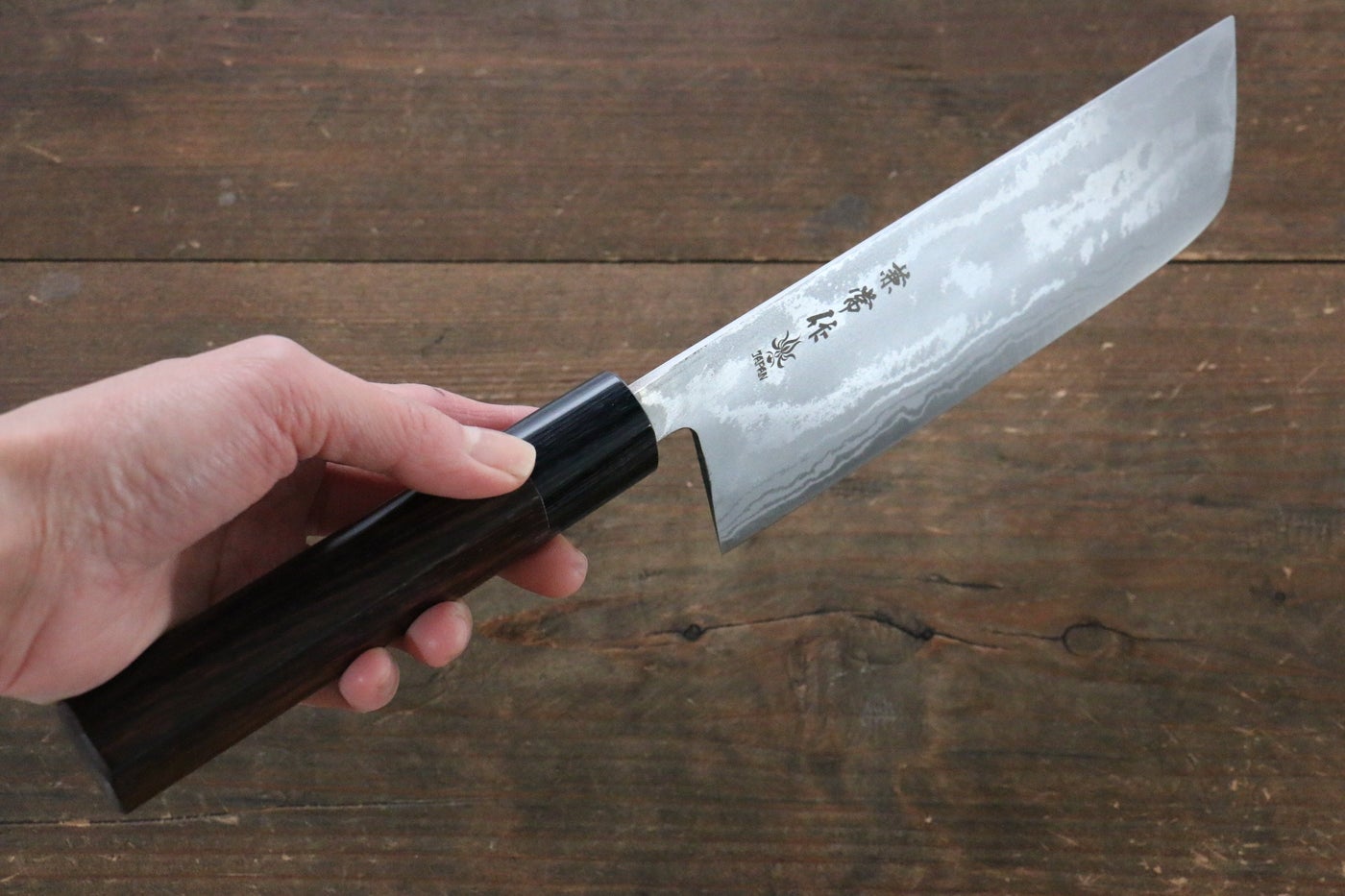 Kanetsune Blue Steel No.2 Damascus Nakiri 165mm - Shitan Handle