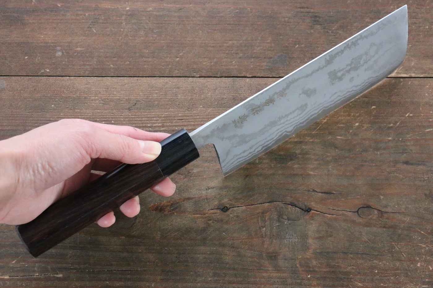 Kanetsune Blue Steel No.2 Damascus Nakiri 165mm - Shitan Handle