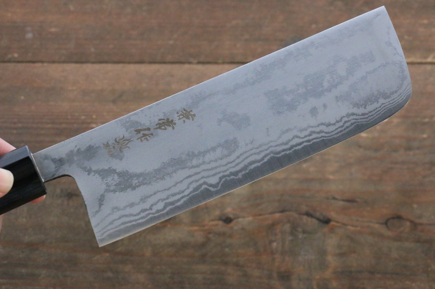 Kanetsune Blue Steel No.2 Damascus Nakiri 165mm - Shitan Handle