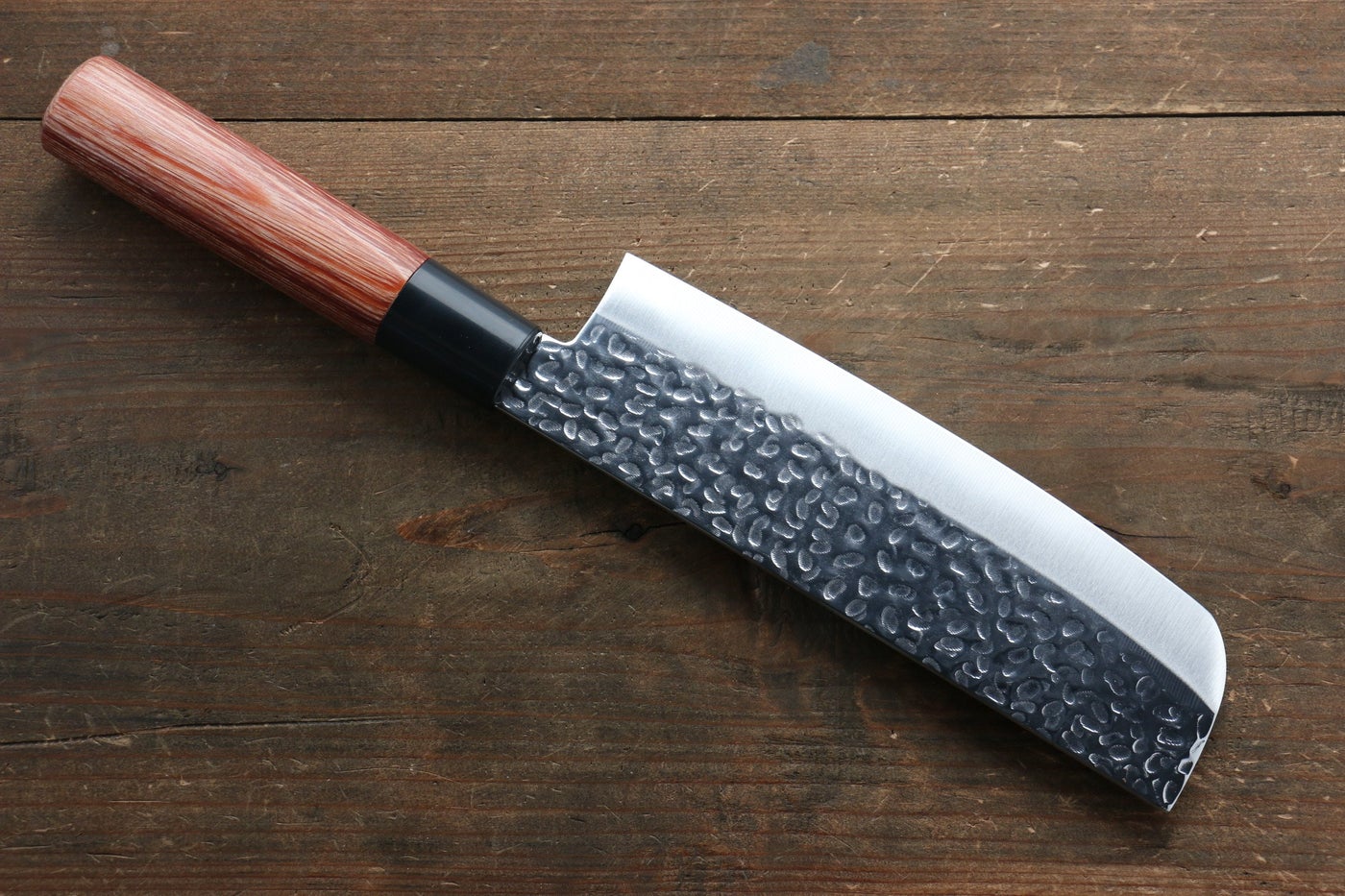 Kanetsune DSR-1K6 Hammered Nakiri 165mm - Red Pakka Wood Handle