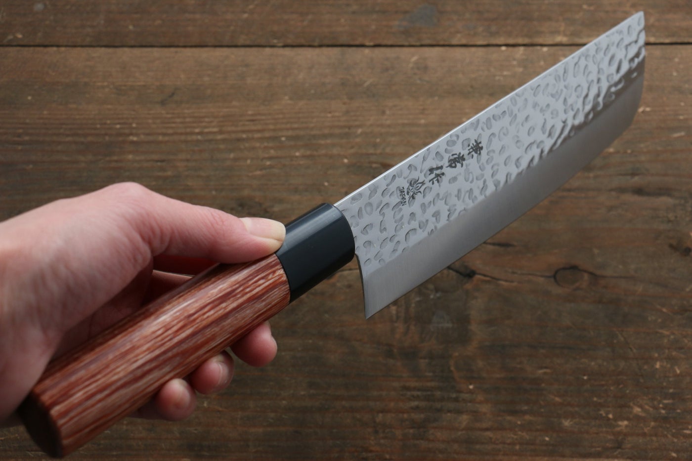 Kanetsune DSR-1K6 Hammered Nakiri 165mm - Red Pakka Wood Handle