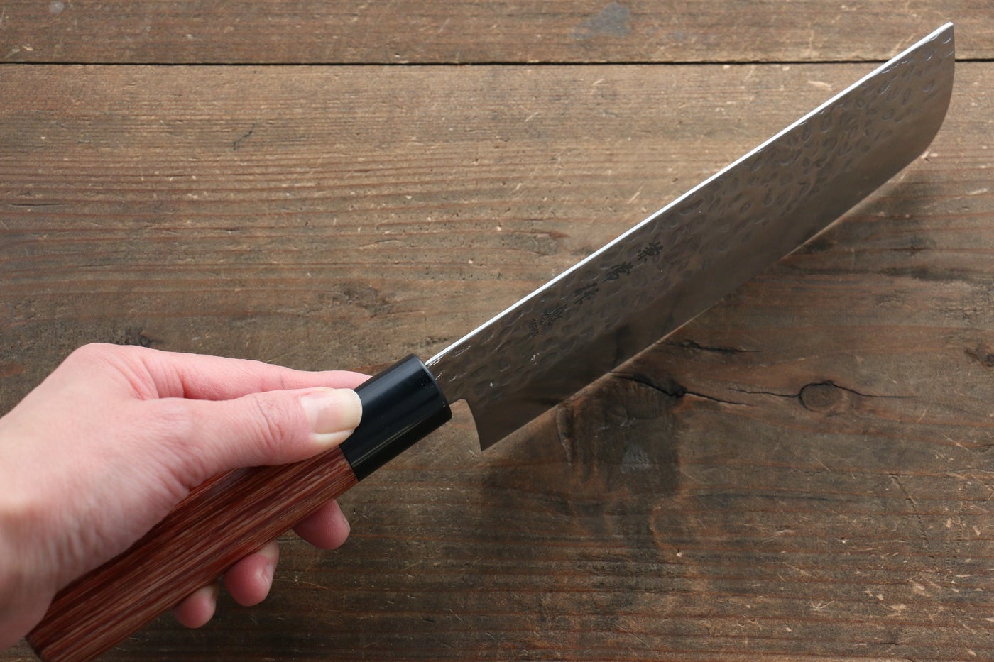 Kanetsune DSR-1K6 Hammered Nakiri 165mm - Red Pakka Wood Handle