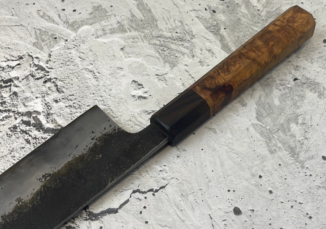 SanMai Bunka 180mm Kurouchi Etched, Amboyna Burl & Rosewood Handle