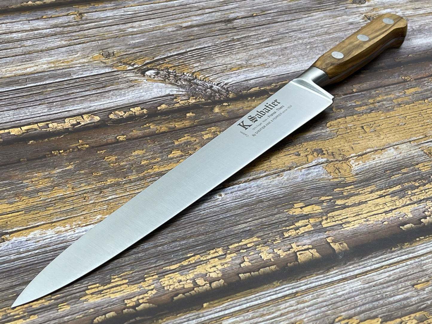 K Sabatier Slicing Knife 250mm - HIGH CARBON STEEL - OLIVE WOOD HANDLE