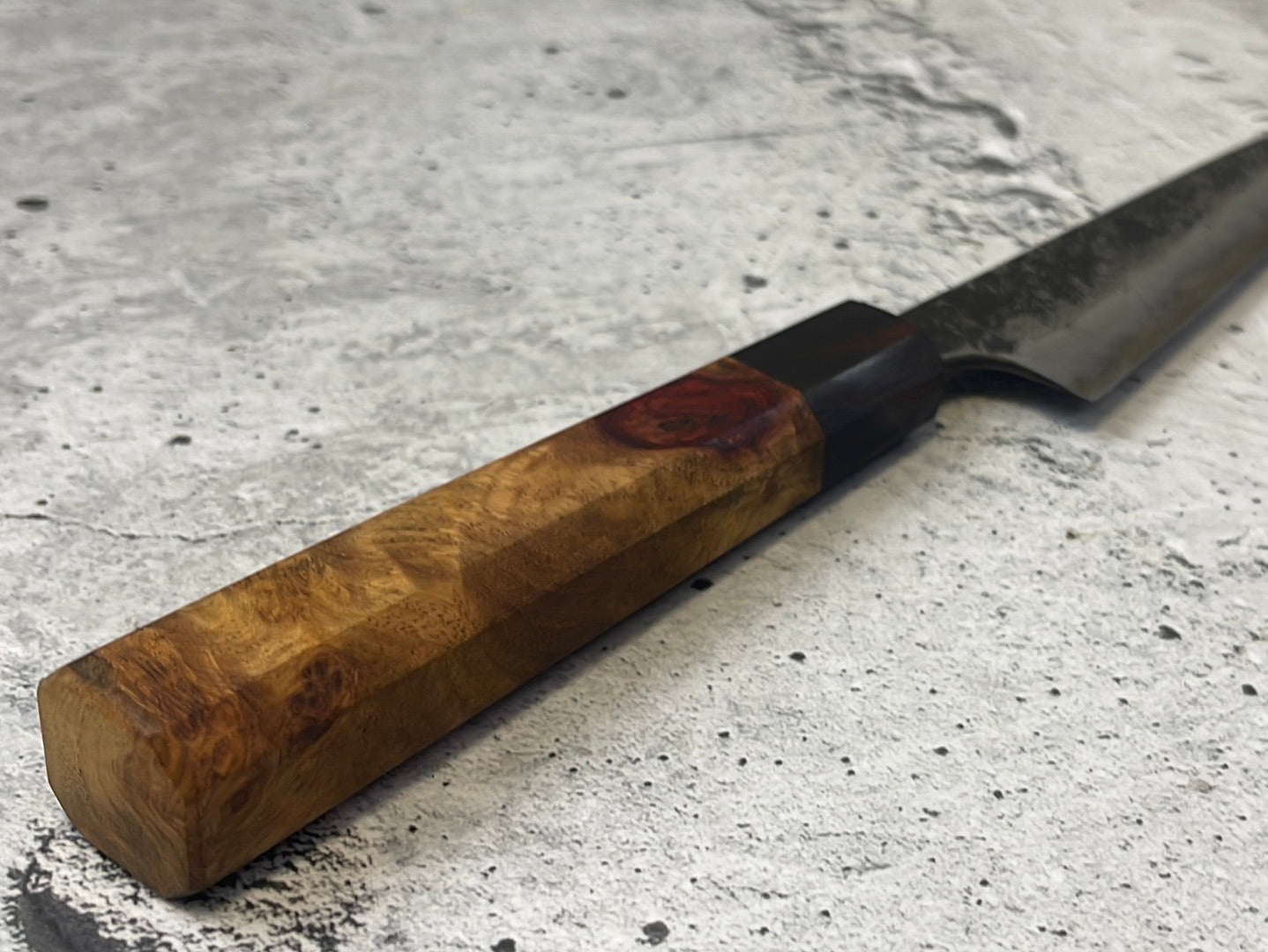 SanMai Petty 150mm Kurouchi Etched, Amboyna Burl & Rosewood Handle