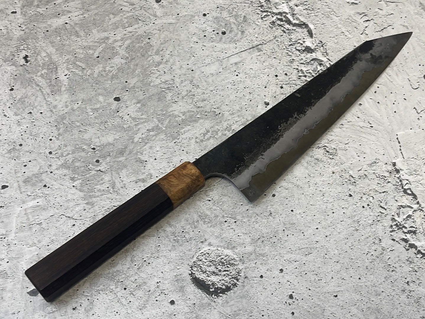 SanMai K-Tip Gyuto 230mm Kurouchi Kasumi, Amboyna Burl & Rosewood Handle