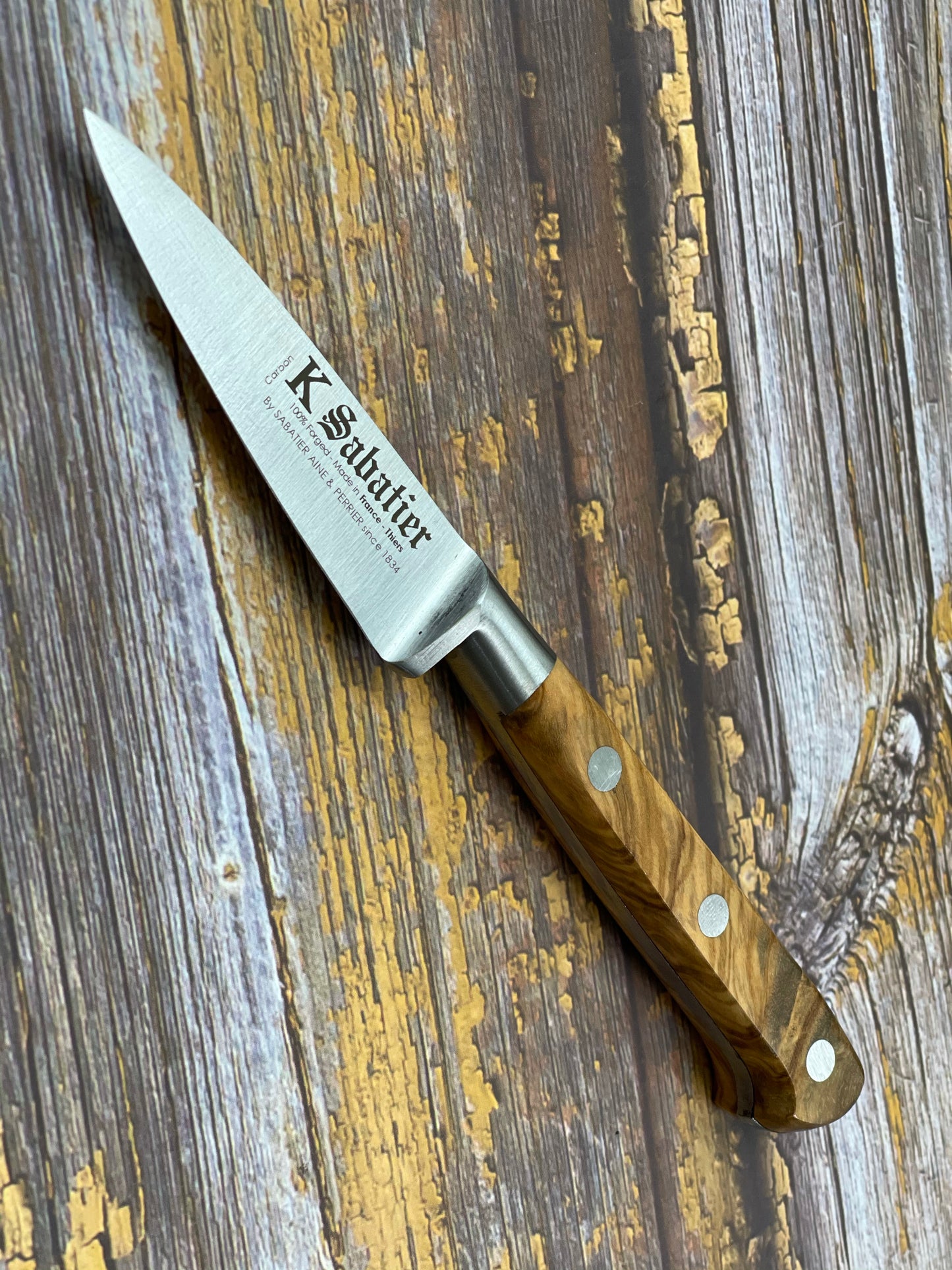 K Sabatier Paring Knife 80mm - CARBON STEEL - OLIVE WOOD HANDLE