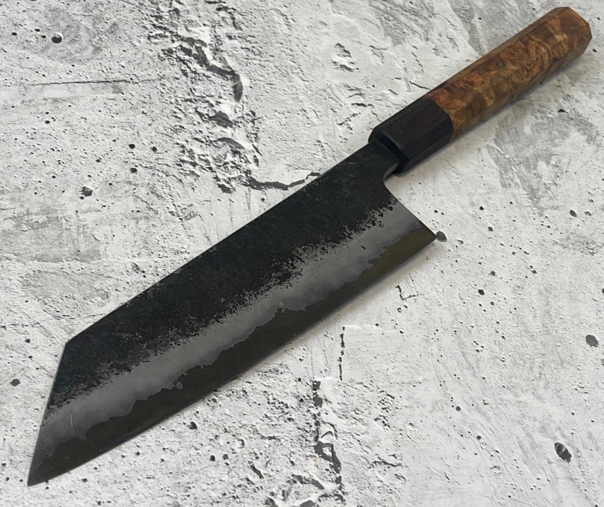 SanMai Bunka 180mm Kurouchi Etched, Amboyna Burl & Rosewood Handle