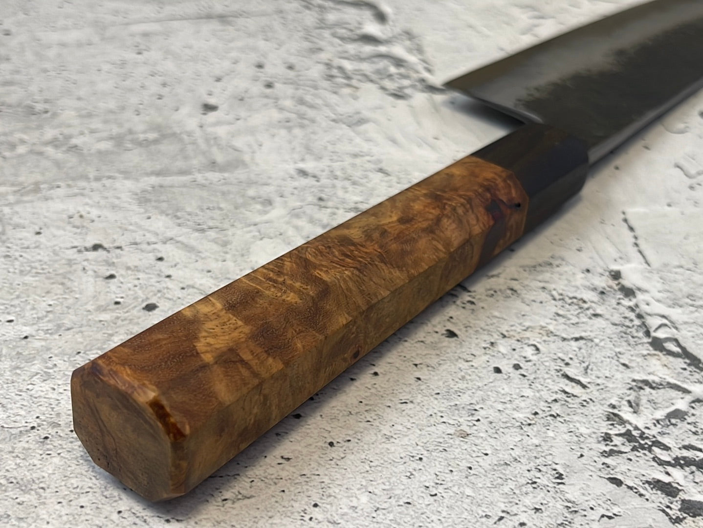SanMai Bunka 180mm Kurouchi Etched, Amboyna Burl & Rosewood Handle