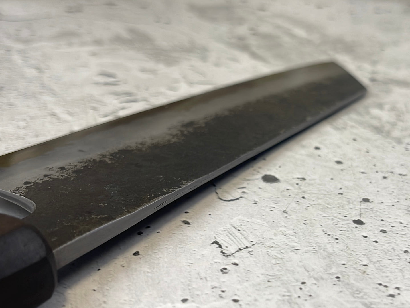 SanMai Bunka 180mm Kurouchi Etched, Amboyna Burl & Rosewood Handle