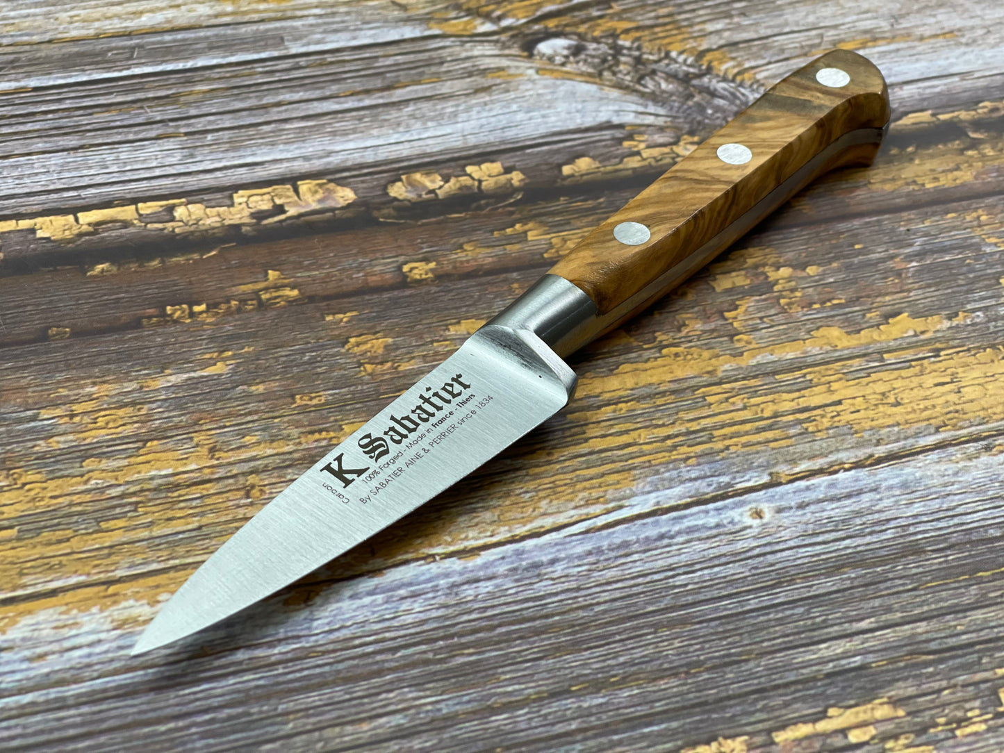 K Sabatier Paring Knife 80mm - CARBON STEEL - OLIVE WOOD HANDLE