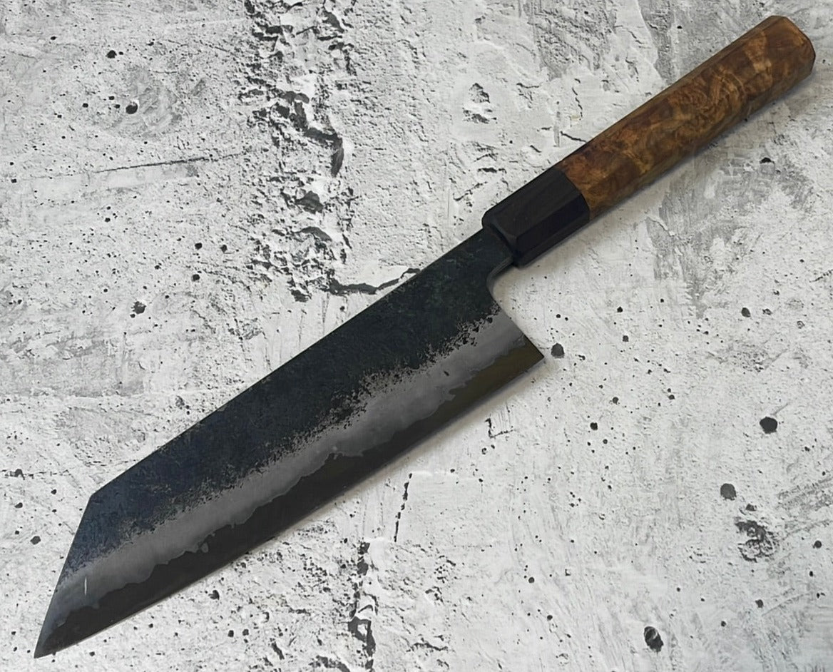 SanMai Bunka 180mm Kurouchi Etched, Amboyna Burl & Rosewood Handle