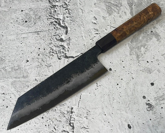 SanMai Bunka 180mm Kurouchi Etched, Amboyna Burl & Rosewood Handle