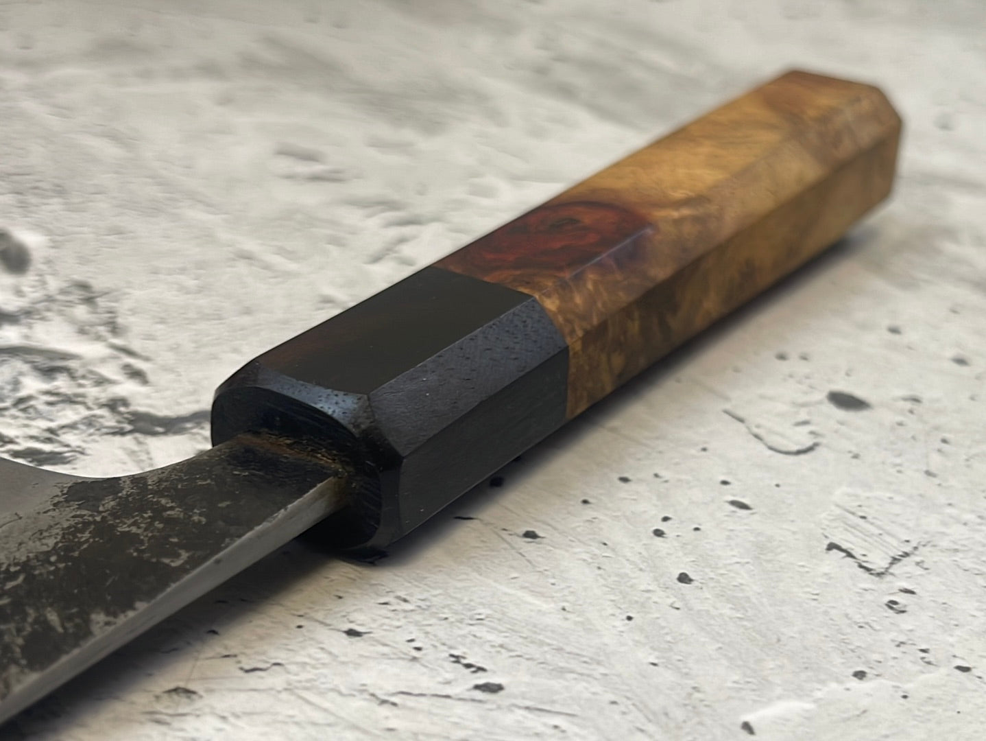 SanMai Petty 150mm Kurouchi Etched, Amboyna Burl & Rosewood Handle