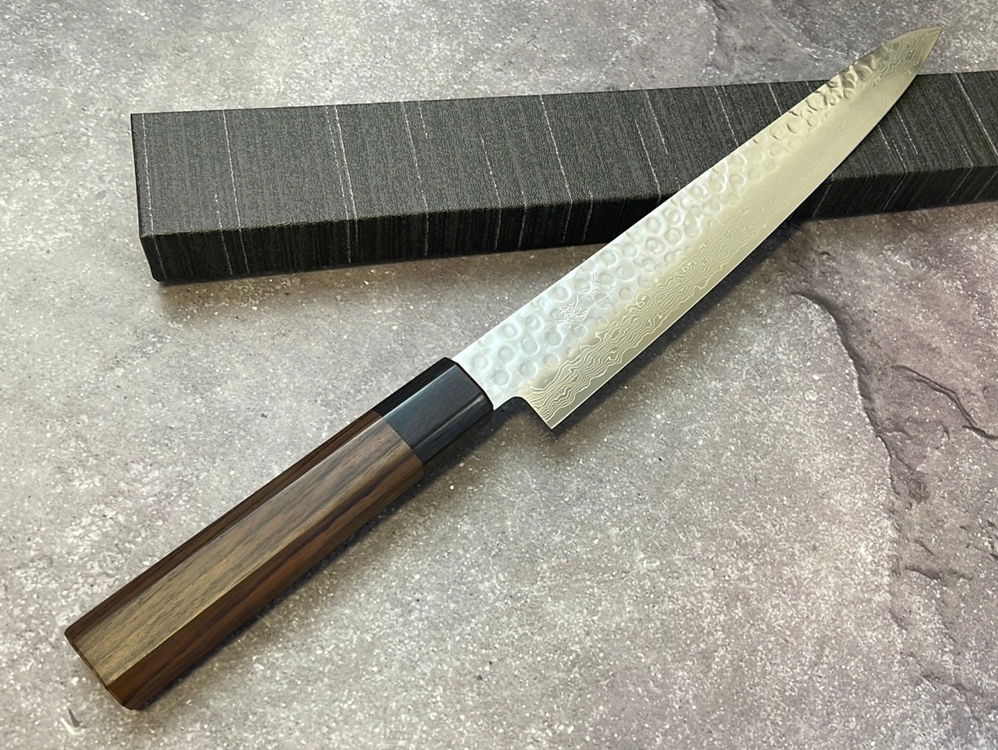 Yoshimune Sujihiki Damascus Hammered Finish Knife 240mm (9.4in) Stainless Clad AUS10