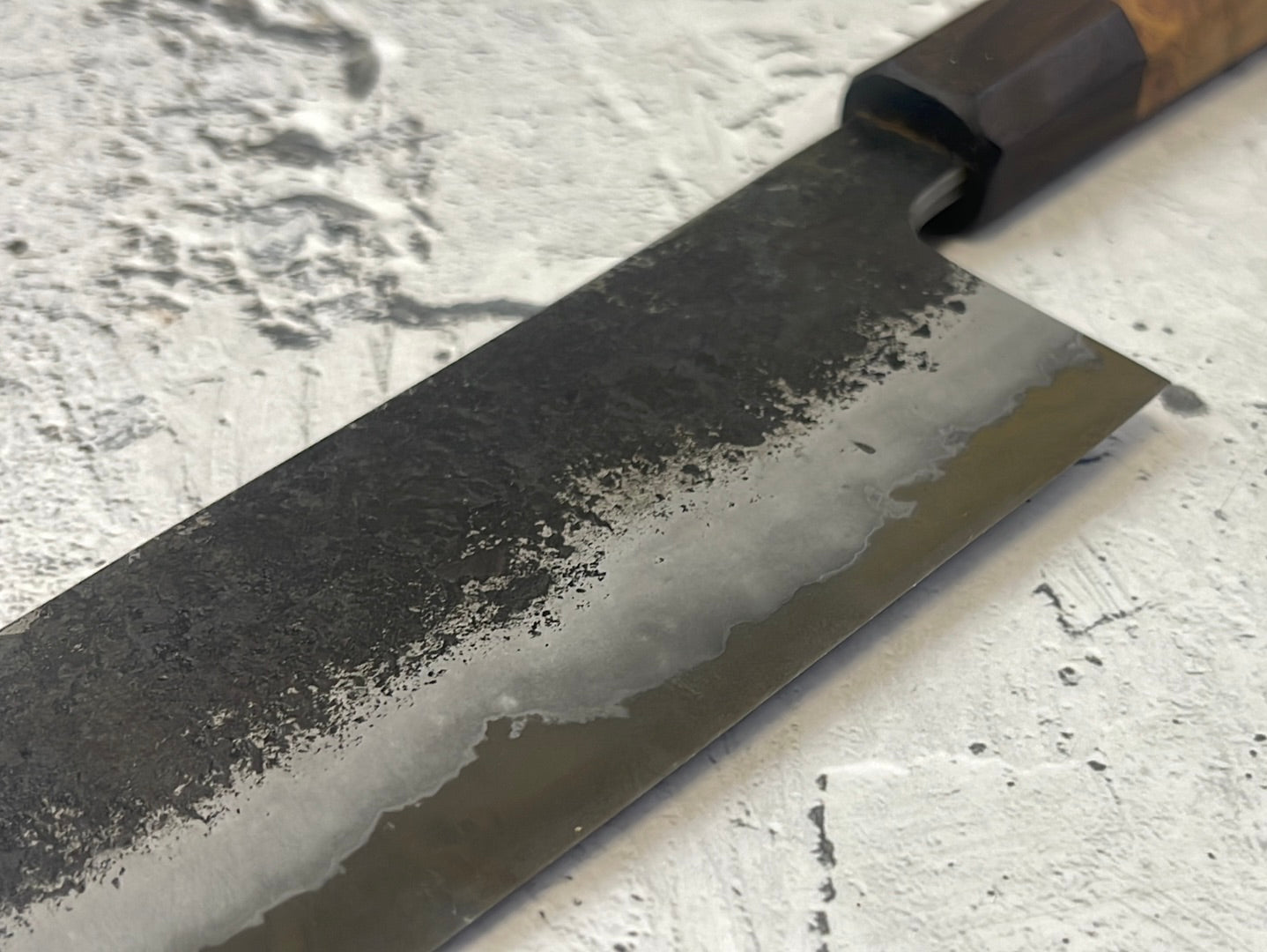 SanMai Bunka 180mm Kurouchi Etched, Amboyna Burl & Rosewood Handle