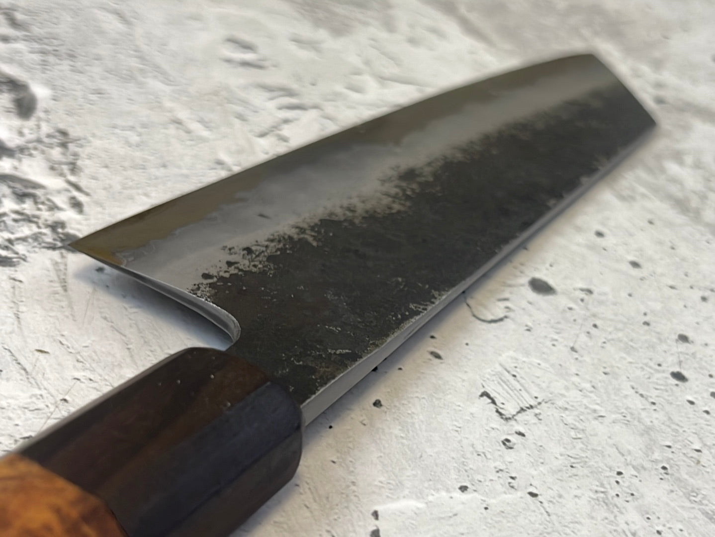 SanMai Bunka 180mm Kurouchi Etched, Amboyna Burl & Rosewood Handle