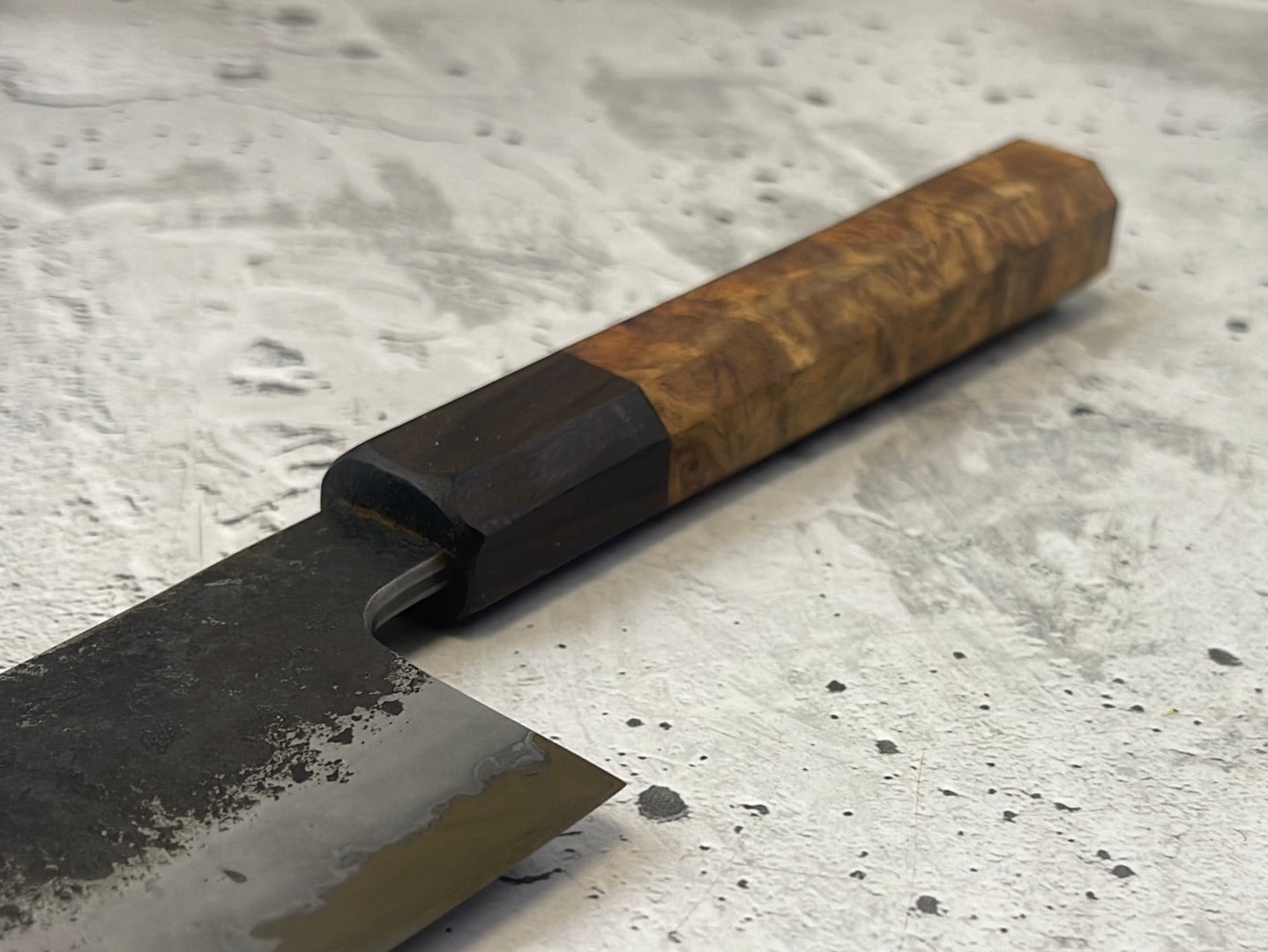 SanMai Bunka 180mm Kurouchi Etched, Amboyna Burl & Rosewood Handle