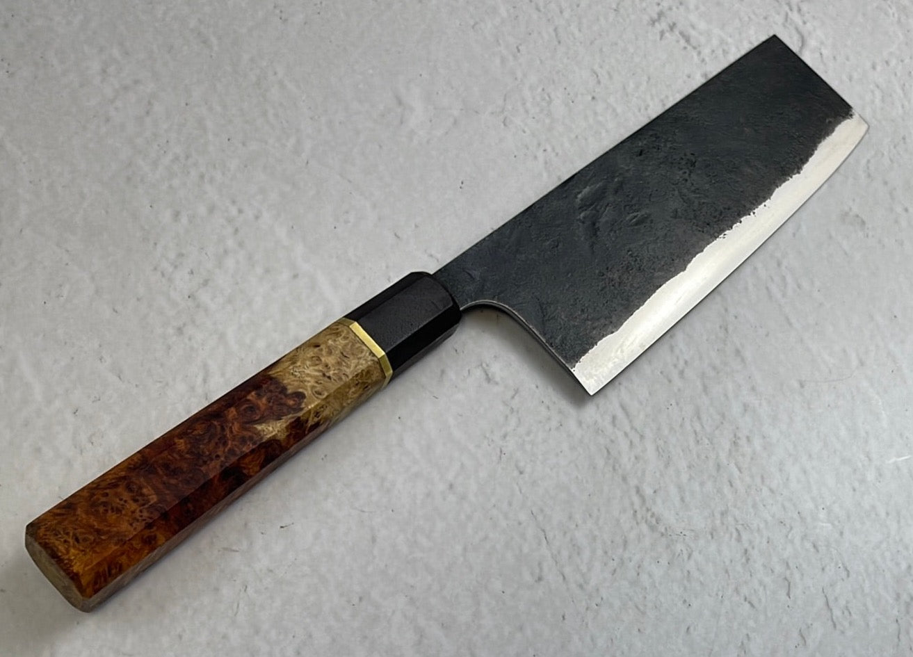 Nakiri 170mm Kurouchi Gold Amboyna Burl & Rosewood with Brass Spacer