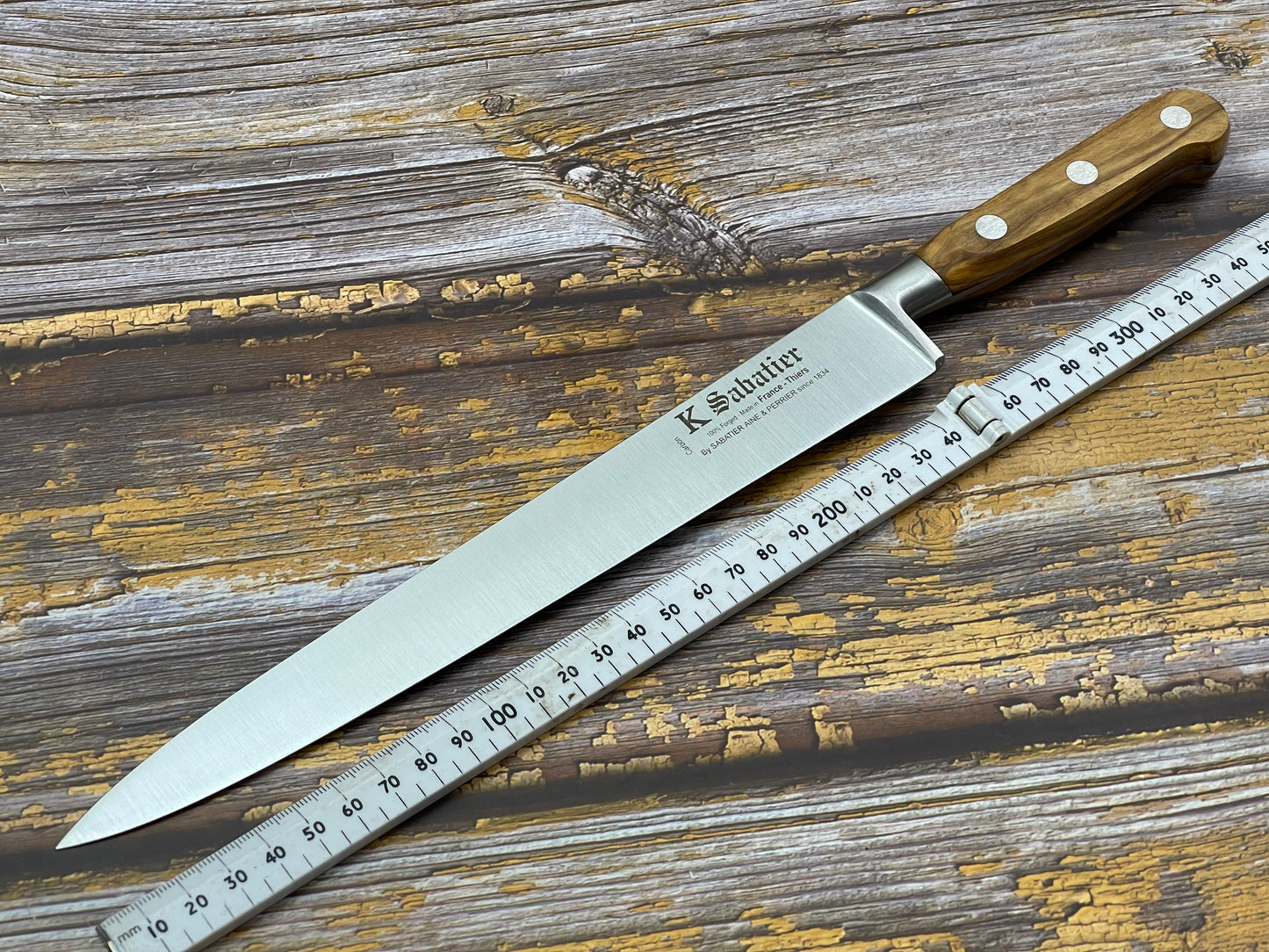 K Sabatier Slicing Knife 250mm - CARBON STEEL - OLIVE WOOD HANDLE