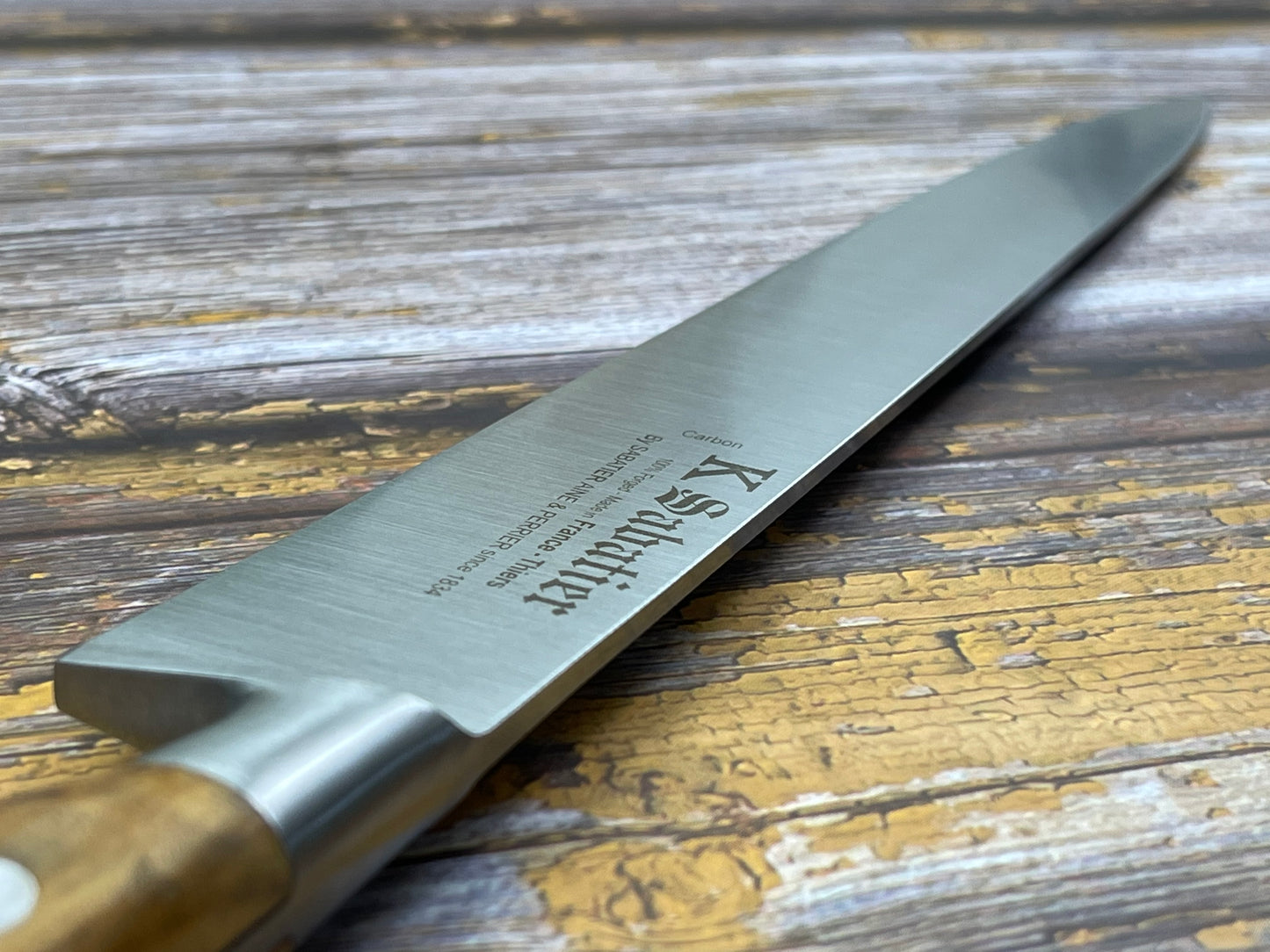 K Sabatier Slicing Knife 250mm - CARBON STEEL - OLIVE WOOD HANDLE