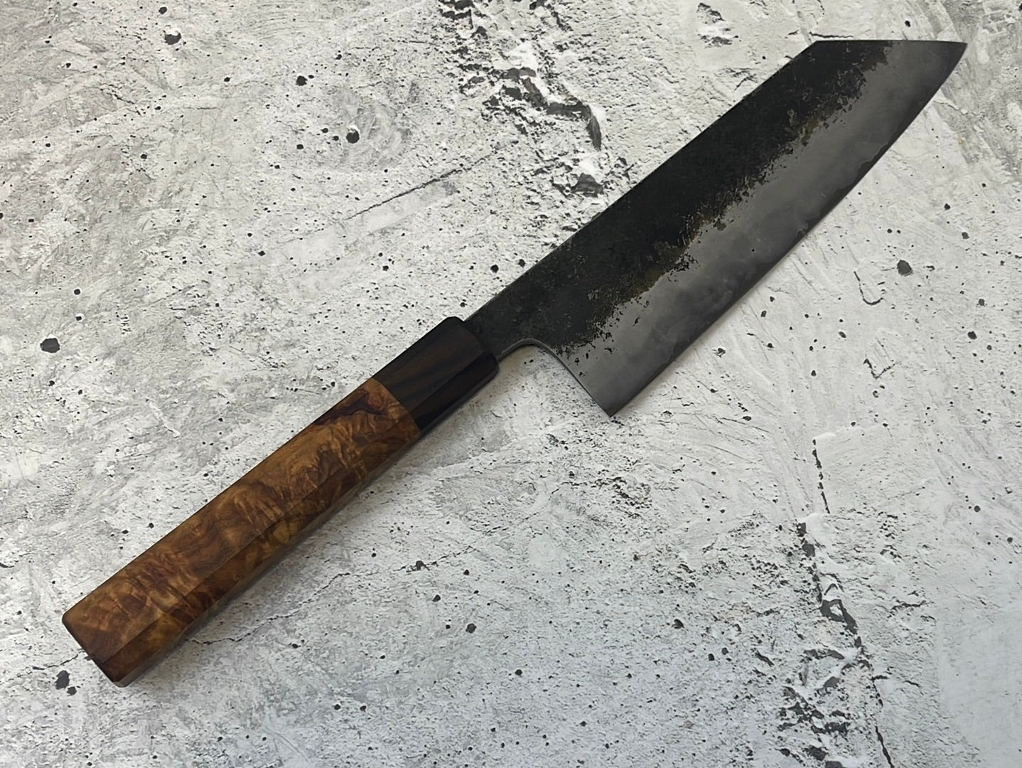 SanMai Bunka 180mm Kurouchi Etched, Amboyna Burl & Rosewood Handle