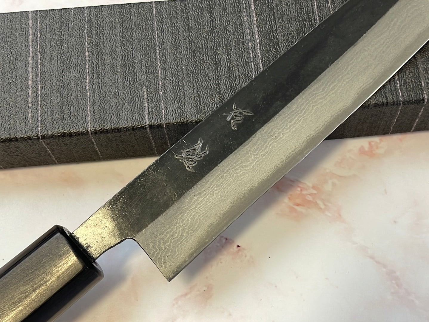 Yoshimune Sujihiki Kurouchi 210mm(8.3in) Aogami(Blue) No.2 Damascus (17 layers) Double-Bevel