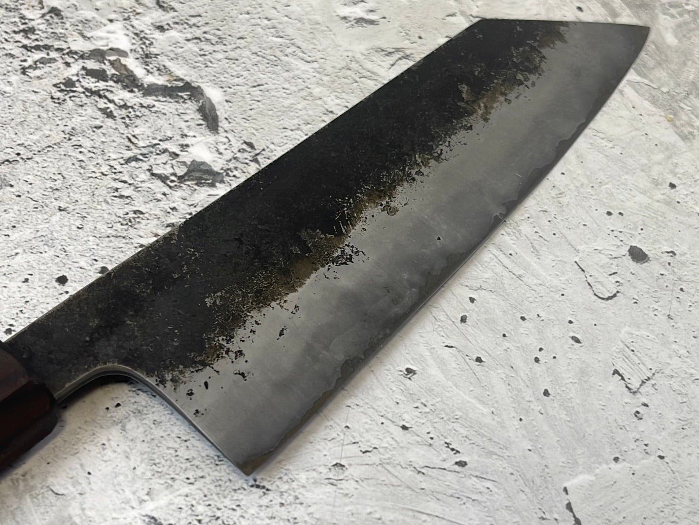 SanMai Bunka 180mm Kurouchi Etched, Amboyna Burl & Rosewood Handle
