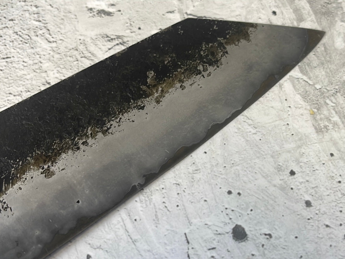 SanMai Bunka 180mm Kurouchi Etched, Amboyna Burl & Rosewood Handle