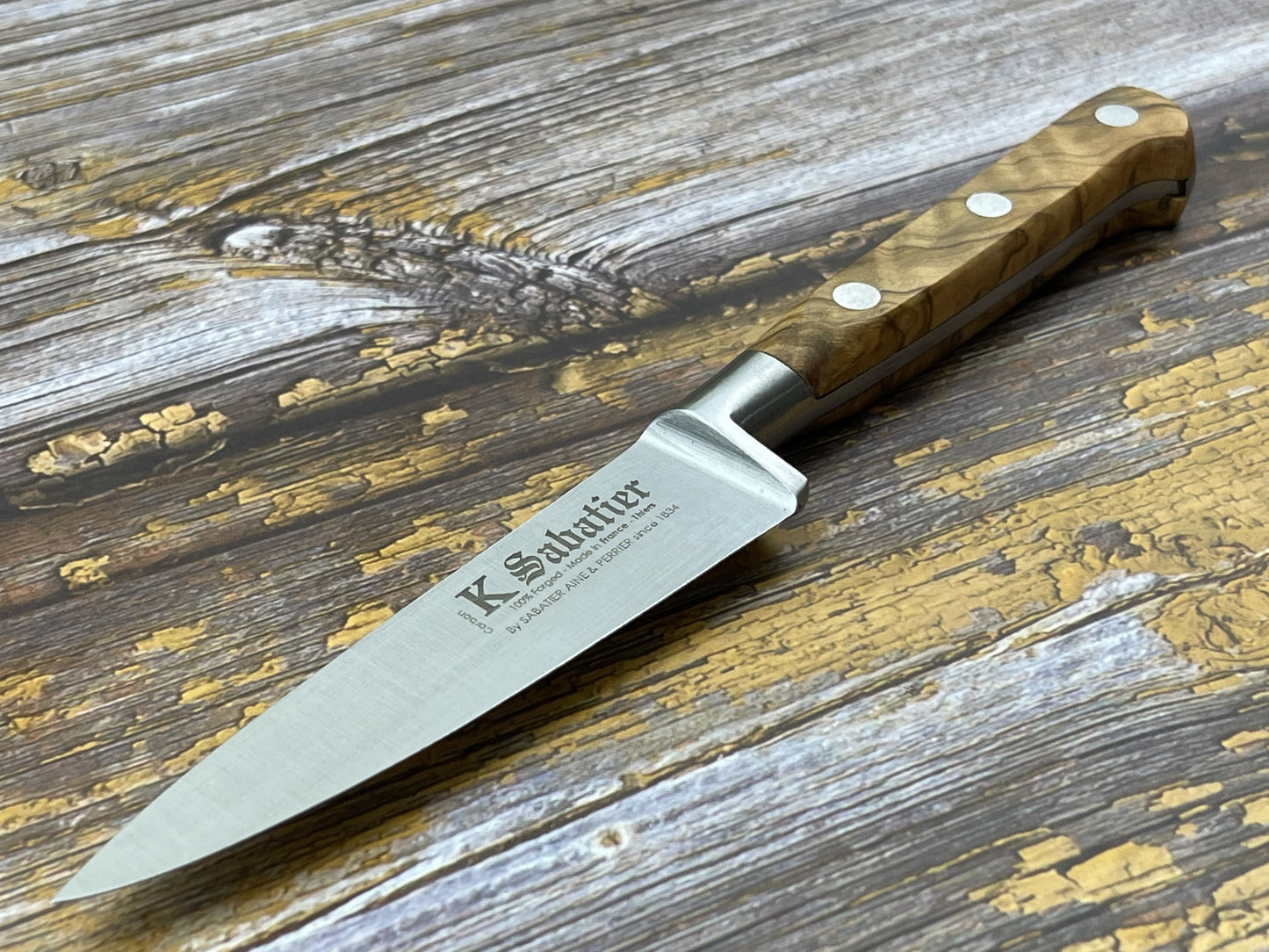 K Sabatier Paring Knife 100mm - CARBON STEEL - OLIVE WOOD HANDLE