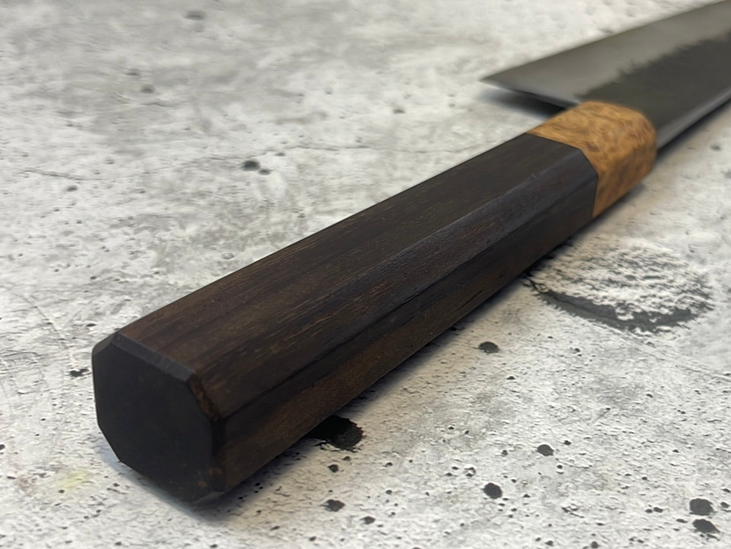 SanMai K-Tip Gyuto 230mm Kurouchi Kasumi, Amboyna Burl & Rosewood Handle