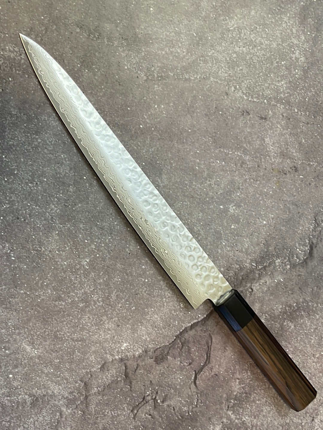 Yoshimune Sujihiki Damascus Hammered Finish Knife 240mm (9.4in) Stainless Clad AUS10