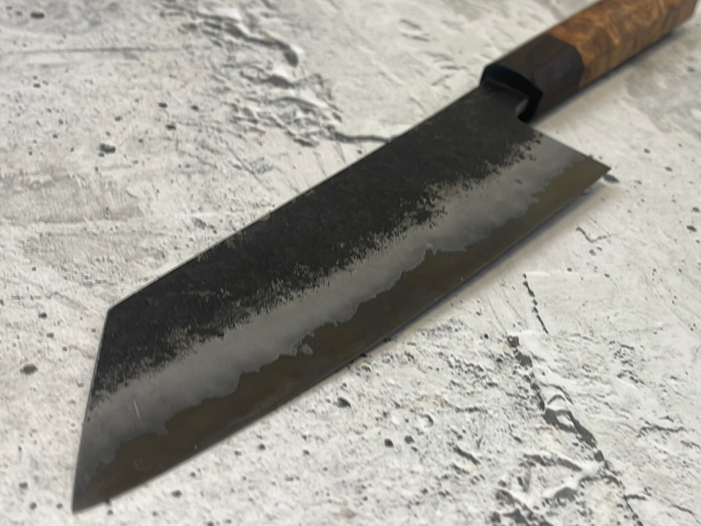 SanMai Bunka 180mm Kurouchi Etched, Amboyna Burl & Rosewood Handle