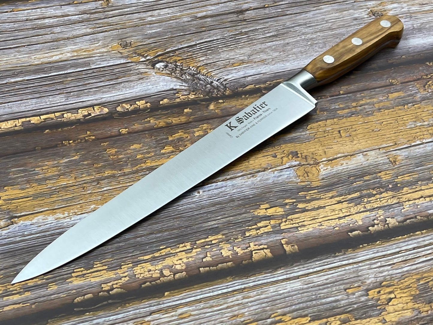 K Sabatier Slicing Knife 250mm - CARBON STEEL - OLIVE WOOD HANDLE