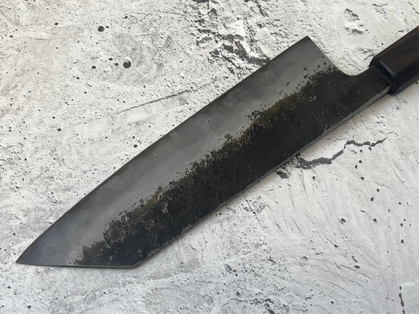 SanMai Bunka 180mm Kurouchi Etched, Amboyna Burl & Rosewood Handle
