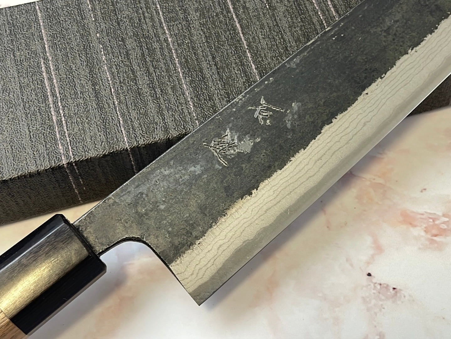 Yoshimune Kiritsuke Kurouchi 210 mm (8.2 in) Aogami (Blue) #2 Damascus (17 layers) Double-Bevel